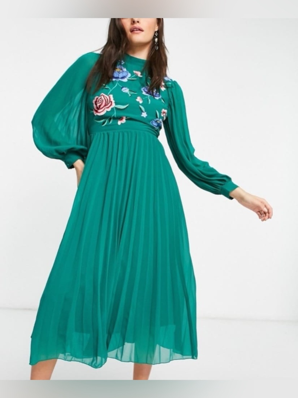 ASOS Teal Long-Sleeve Embroidered Midi Dress